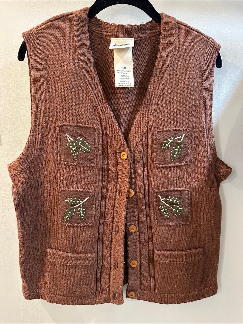 Northern Reflections Rust Brown Embroidered Cable-Knit Button Vest